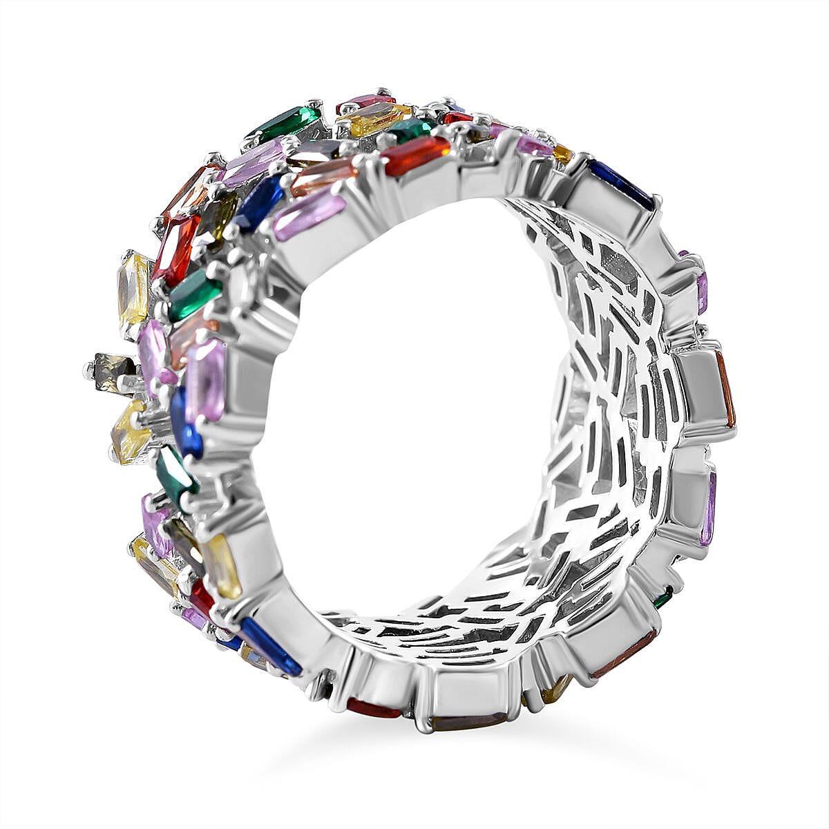 Lustro Stella -Multi Colour Cubic Zirconia Fire Cracker Ring in Rhodium Overlay Sterling Silver, Silver Wt. 6.90 Gms