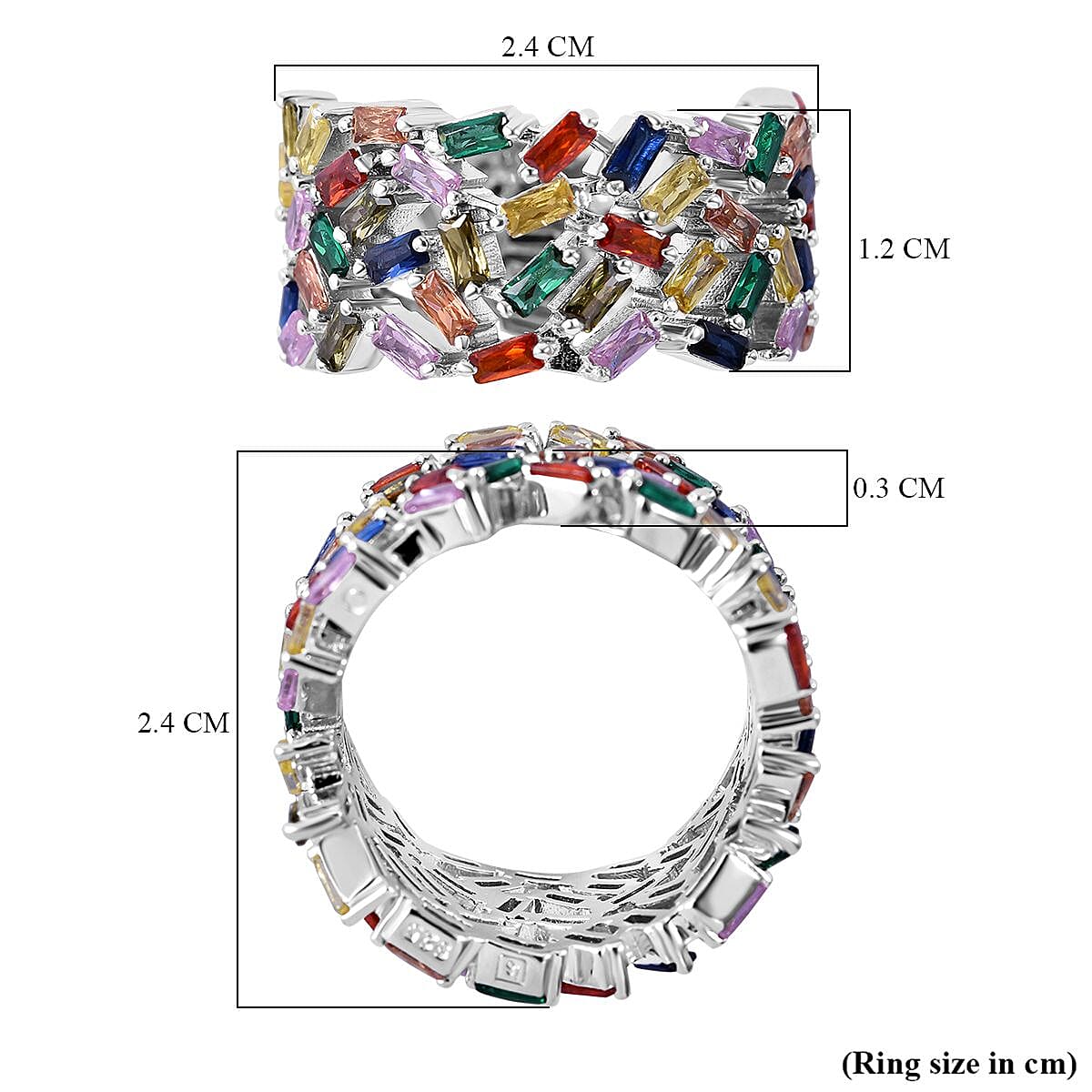 Lustro Stella -Multi Colour Cubic Zirconia Fire Cracker Ring in Rhodium Overlay Sterling Silver, Silver Wt. 6.90 Gms