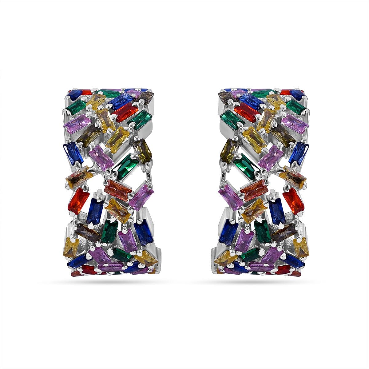 Lustro Stella - Multi Colour Cubic Zirconia Fire Cracker Hoop Earrings in Rhodium Overlay Sterling Silver , Silver Wt. 8.70 Gms