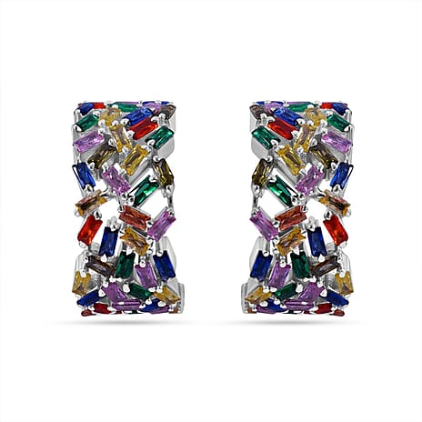 Lustro Stella - Multi Colour Cubic Zirconia Fire Cracker Hoop Earrings in Rhodium Overlay Sterling Silver , Silver Wt. 8.70 Gms