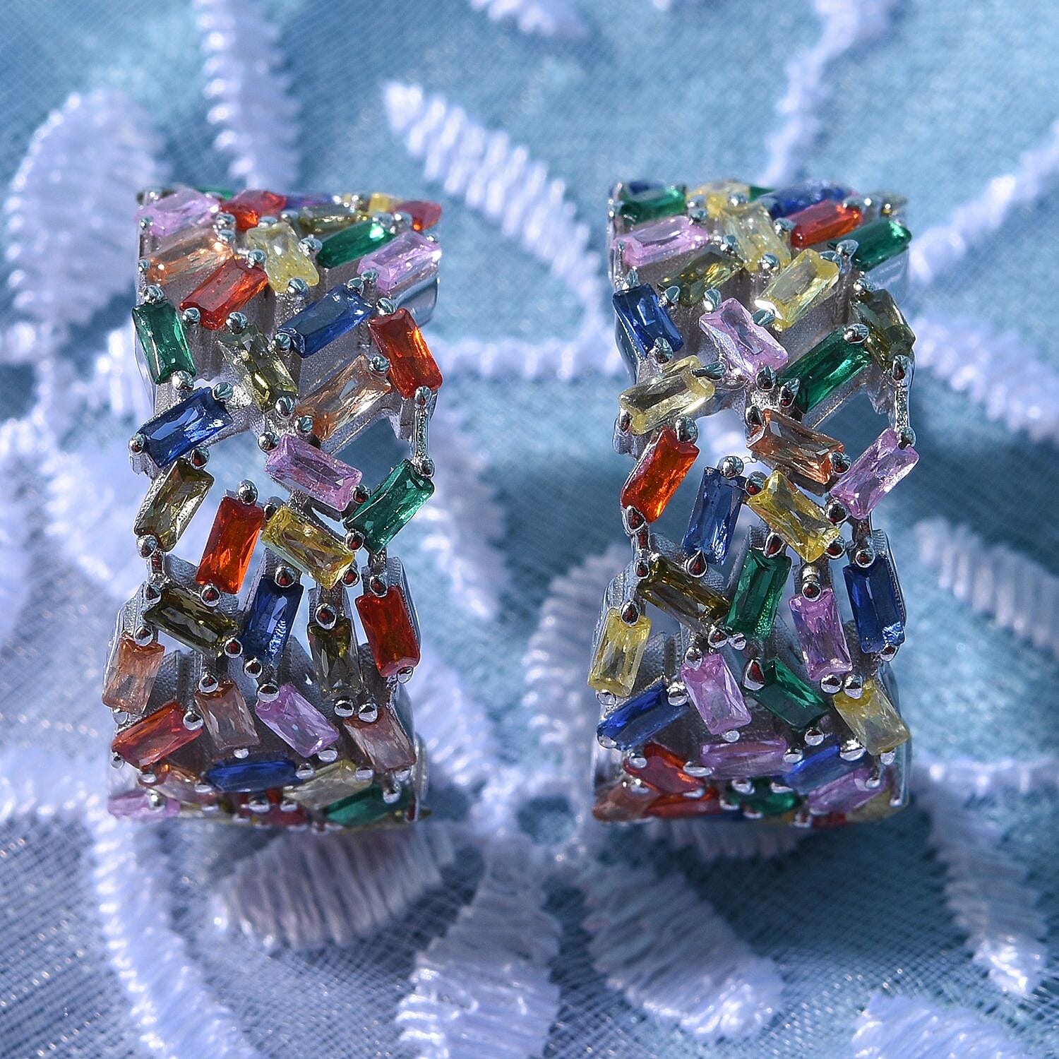 Lustro Stella - Multi Colour Cubic Zirconia Fire Cracker Hoop Earrings in Rhodium Overlay Sterling Silver , Silver Wt. 8.70 Gms