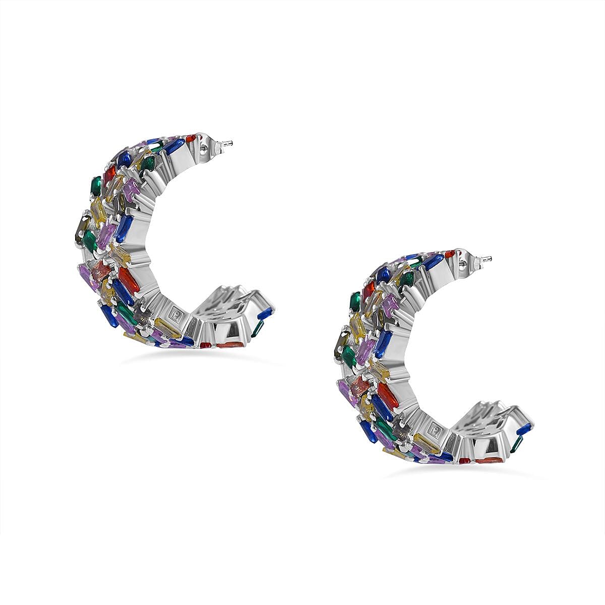 Lustro Stella - Multi Colour Cubic Zirconia Fire Cracker Hoop Earrings in Rhodium Overlay Sterling Silver , Silver Wt. 8.70 Gms