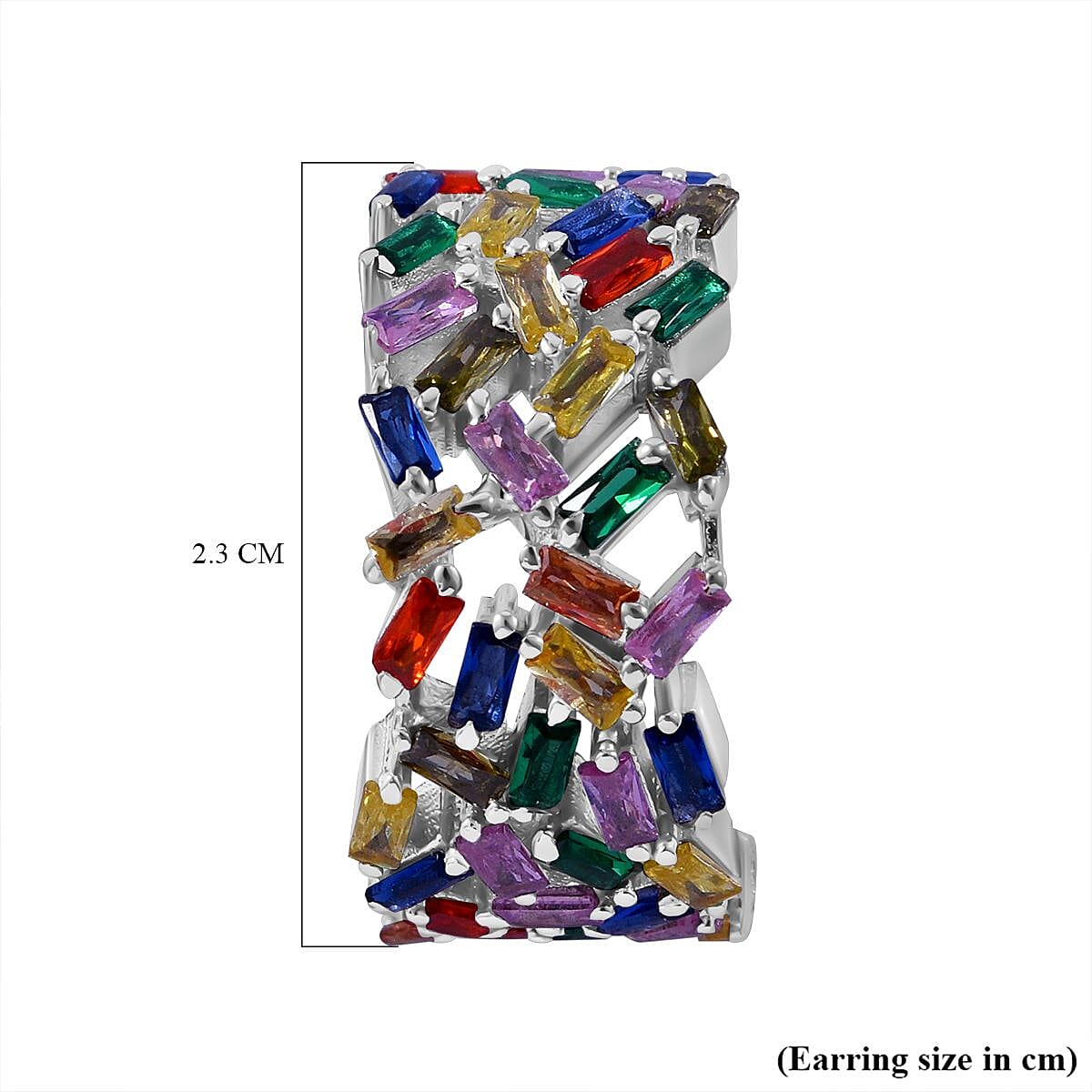 Lustro Stella - Multi Colour Cubic Zirconia Fire Cracker Hoop Earrings in Rhodium Overlay Sterling Silver , Silver Wt. 8.70 Gms