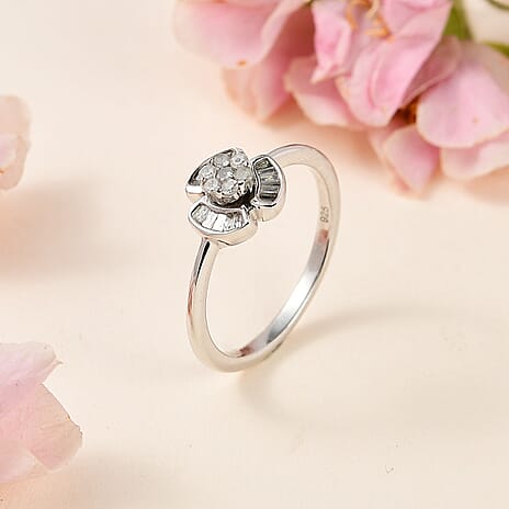 Designer Inspired - Diamond Floral Ring in Platinum Overlay Sterling Silver 0.25 Ct.