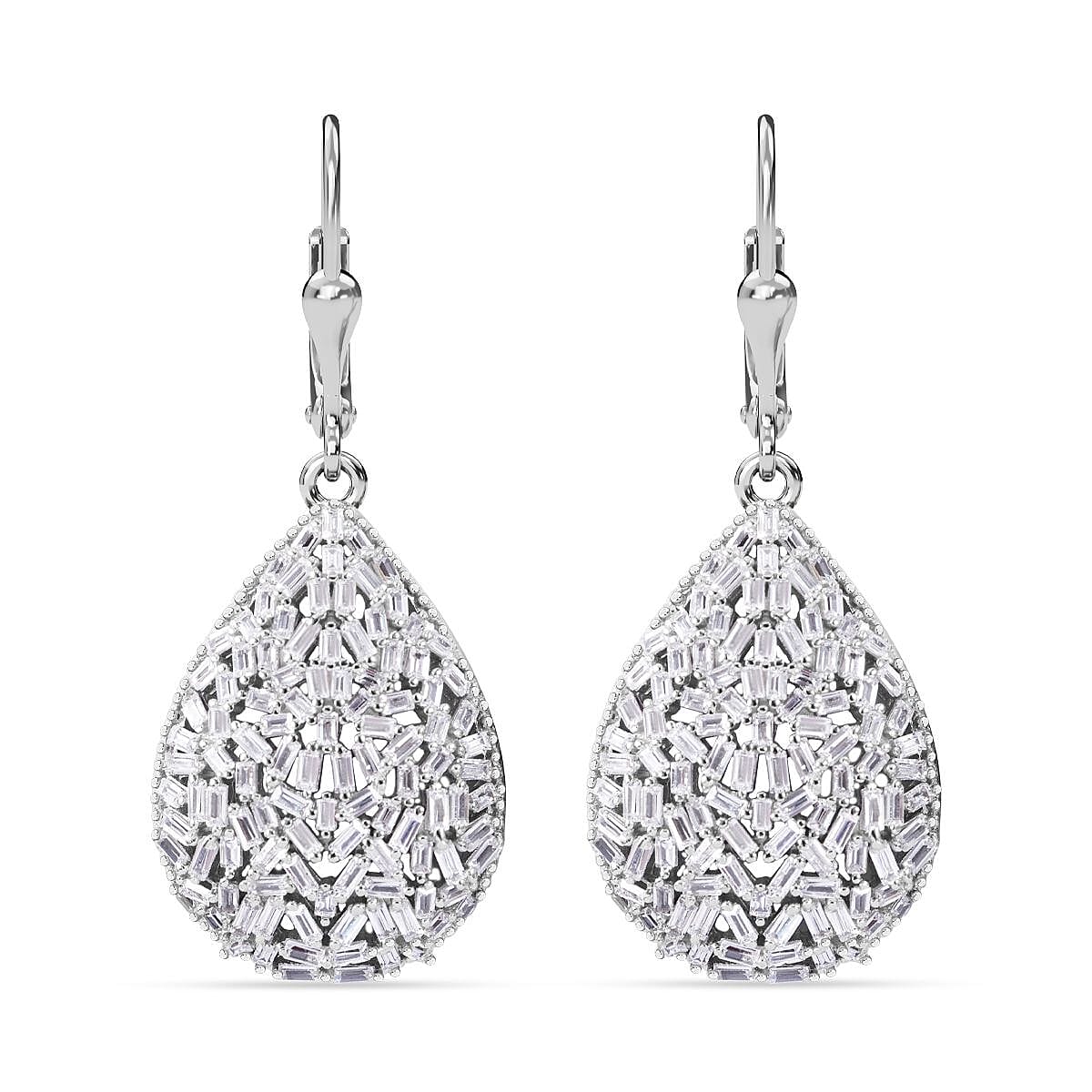 Red Carpet Collection- Fire Cracker Cubic Zirconia Drop Earrings in Rhodium Overlay Sterling Silver, Silver Wt 7.50 GM