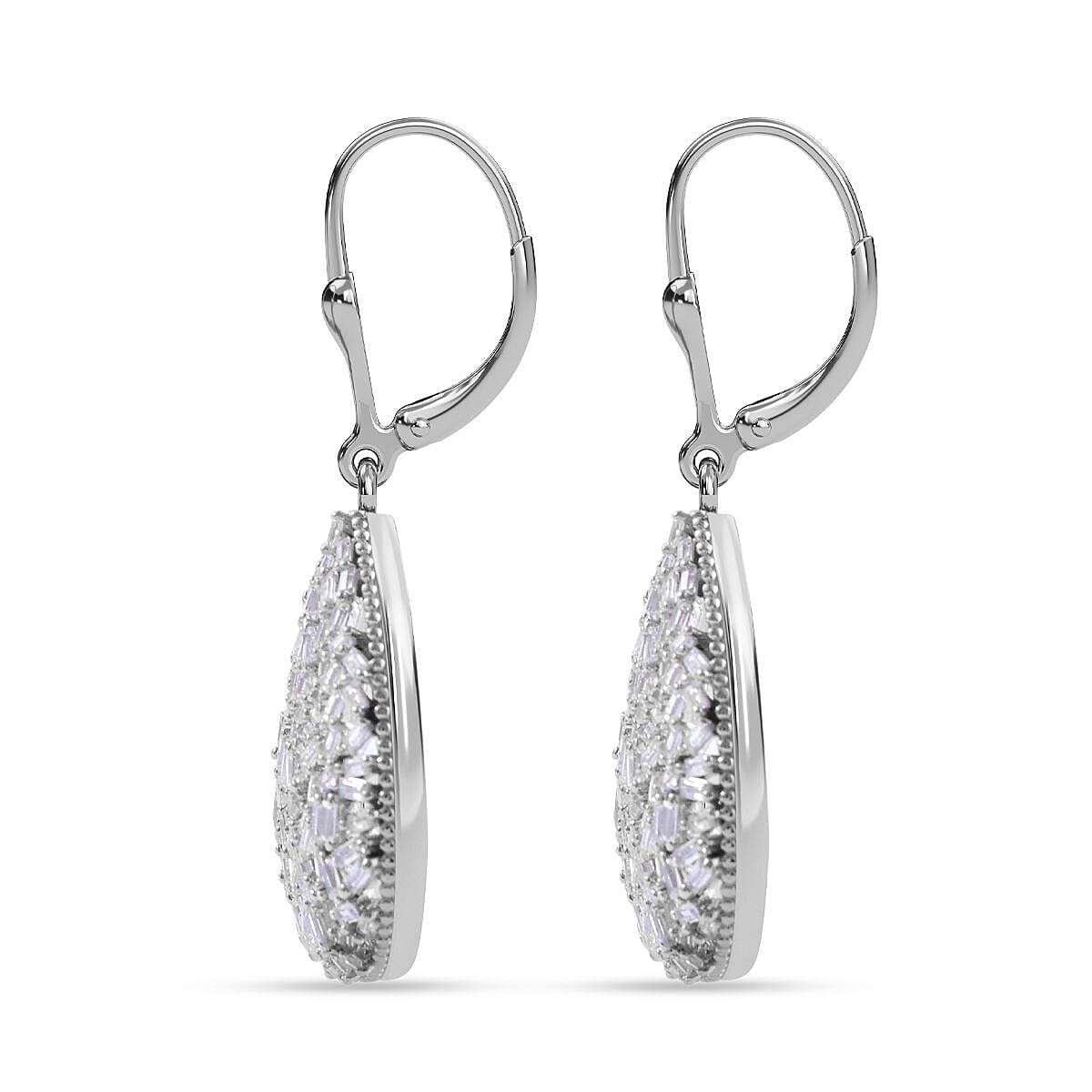 Red Carpet Collection- Fire Cracker Cubic Zirconia Drop Earrings in Rhodium Overlay Sterling Silver, Silver Wt 7.50 GM