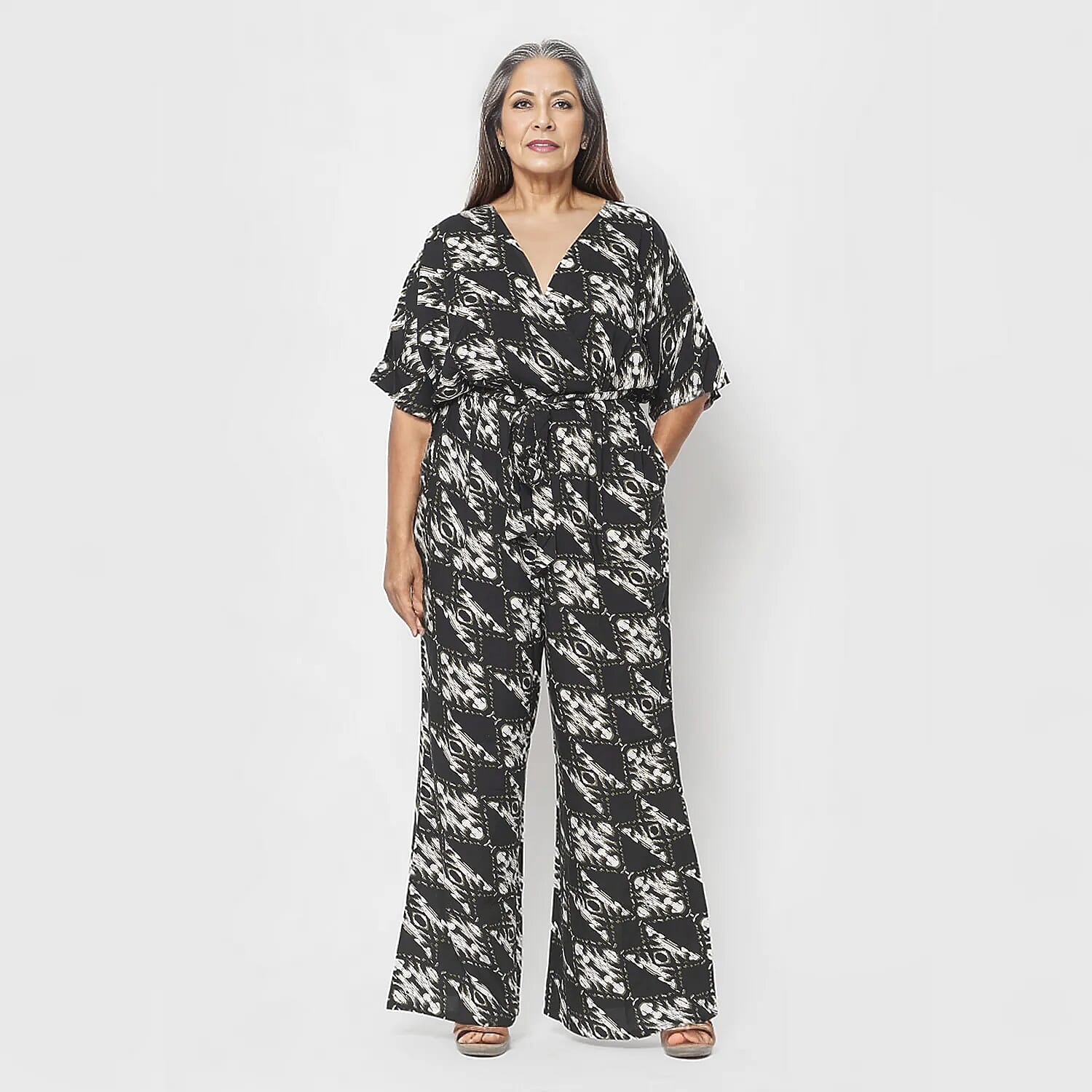 La Marey 100% Viscose Ikat Pattern Ladies Jumpsuit (Size S) - Black