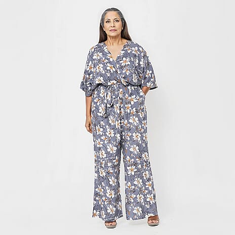 La Marey 100% Viscose Floral Pattern Ladies Jumpsuit (Size L) - Grey