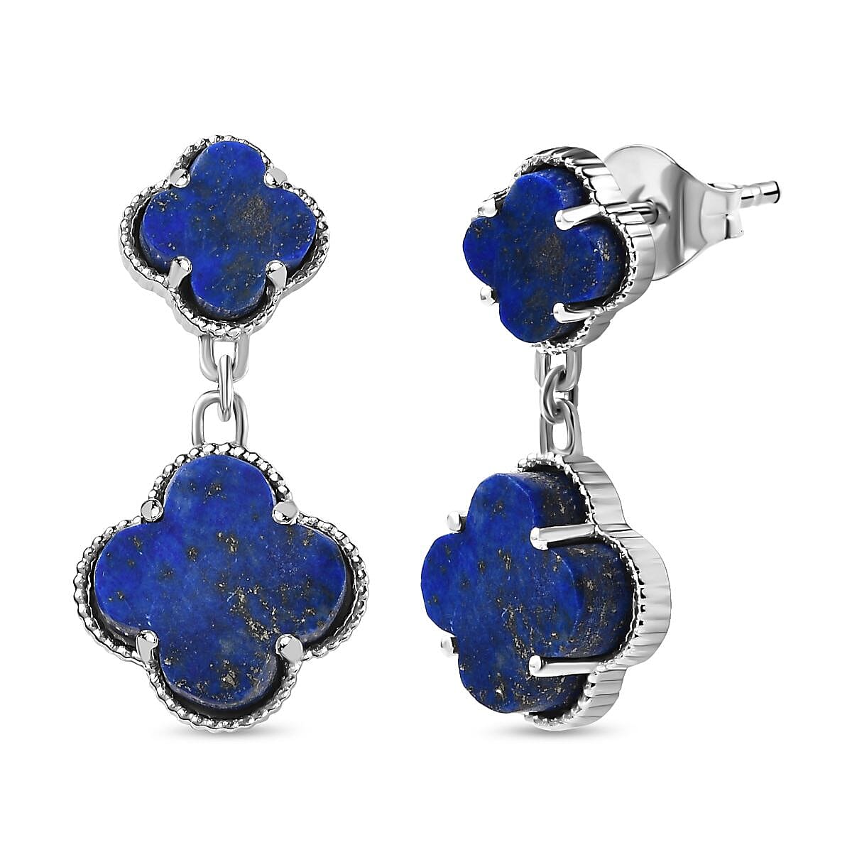 Lapis Lazuli Clover Dangle Earrings in Platinum Overlay Sterling Silver 21.92 Ct, Silver Wt. 6.30 Gms