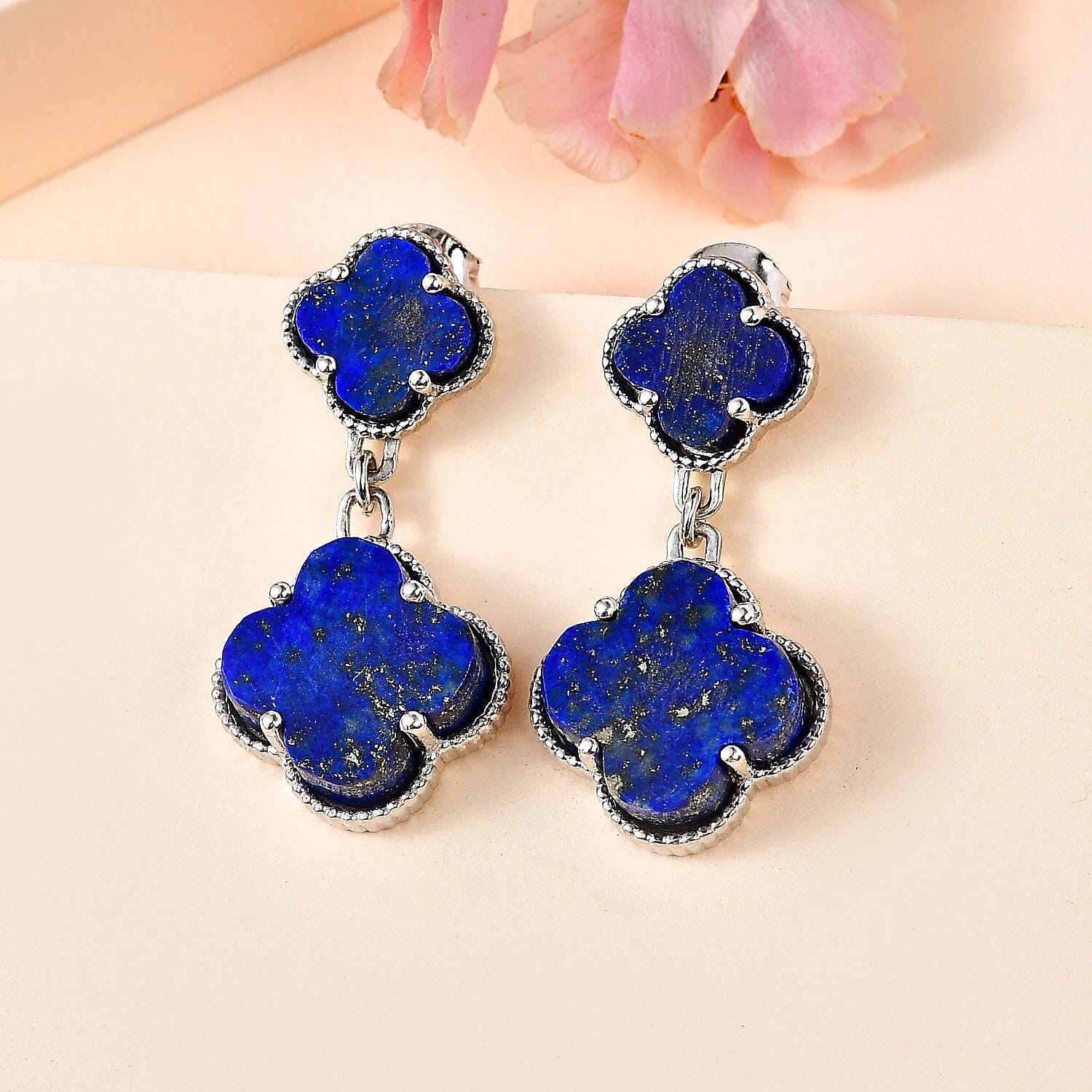 Lapis Lazuli Clover Dangle Earrings in Platinum Overlay Sterling Silver 21.92 Ct, Silver Wt. 6.30 Gms