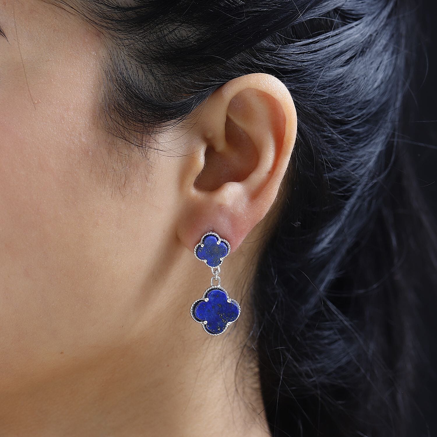 Lapis Lazuli Clover Dangle Earrings in Platinum Overlay Sterling Silver 21.92 Ct, Silver Wt. 6.30 Gms