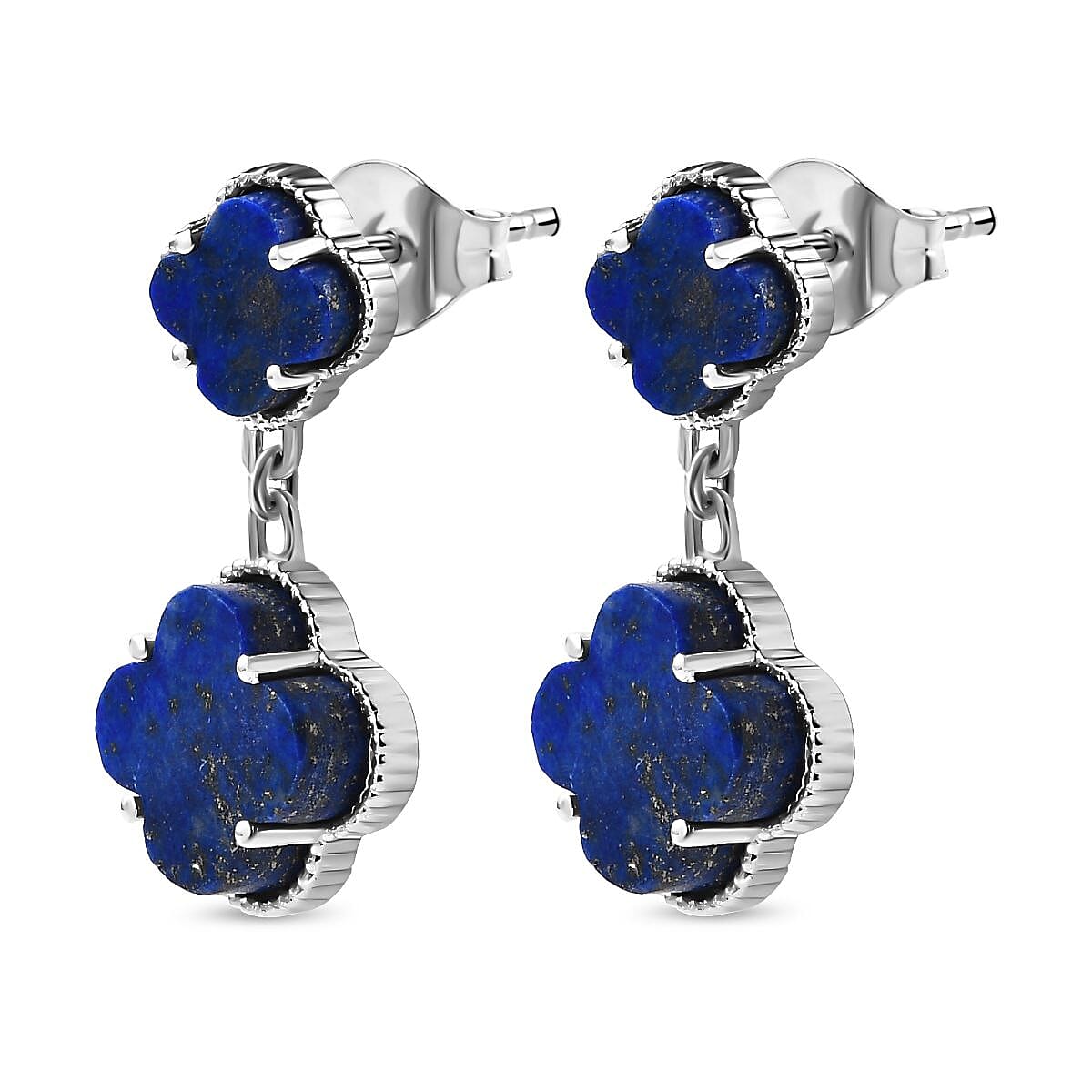 Lapis Lazuli Clover Dangle Earrings in Platinum Overlay Sterling Silver 21.92 Ct, Silver Wt. 6.30 Gms