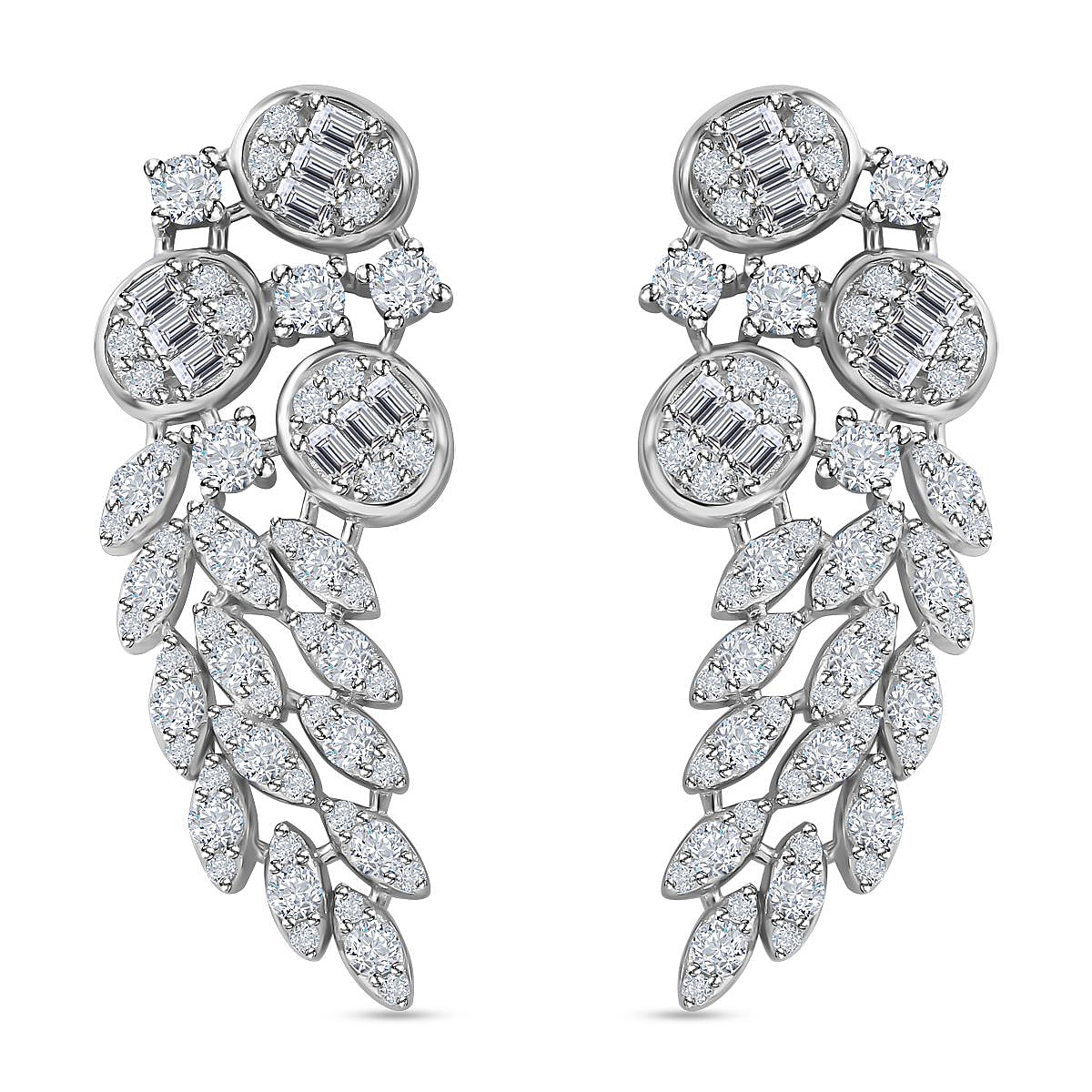 White Cubic Zirconia Earrings in Rhodium Overlay Sterling Silver 4.42 ct,  Silver Wt. 7.56 Gms  4.420  Ct.