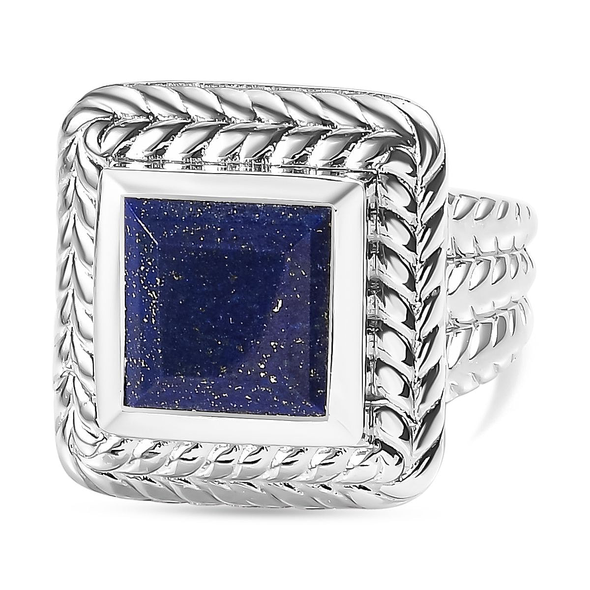 Lapis Lazuli Solitaire Halo Ring in Platinum Overlay Sterling Silver 5.04 Ct, Silver Wt. 9.0 Gms