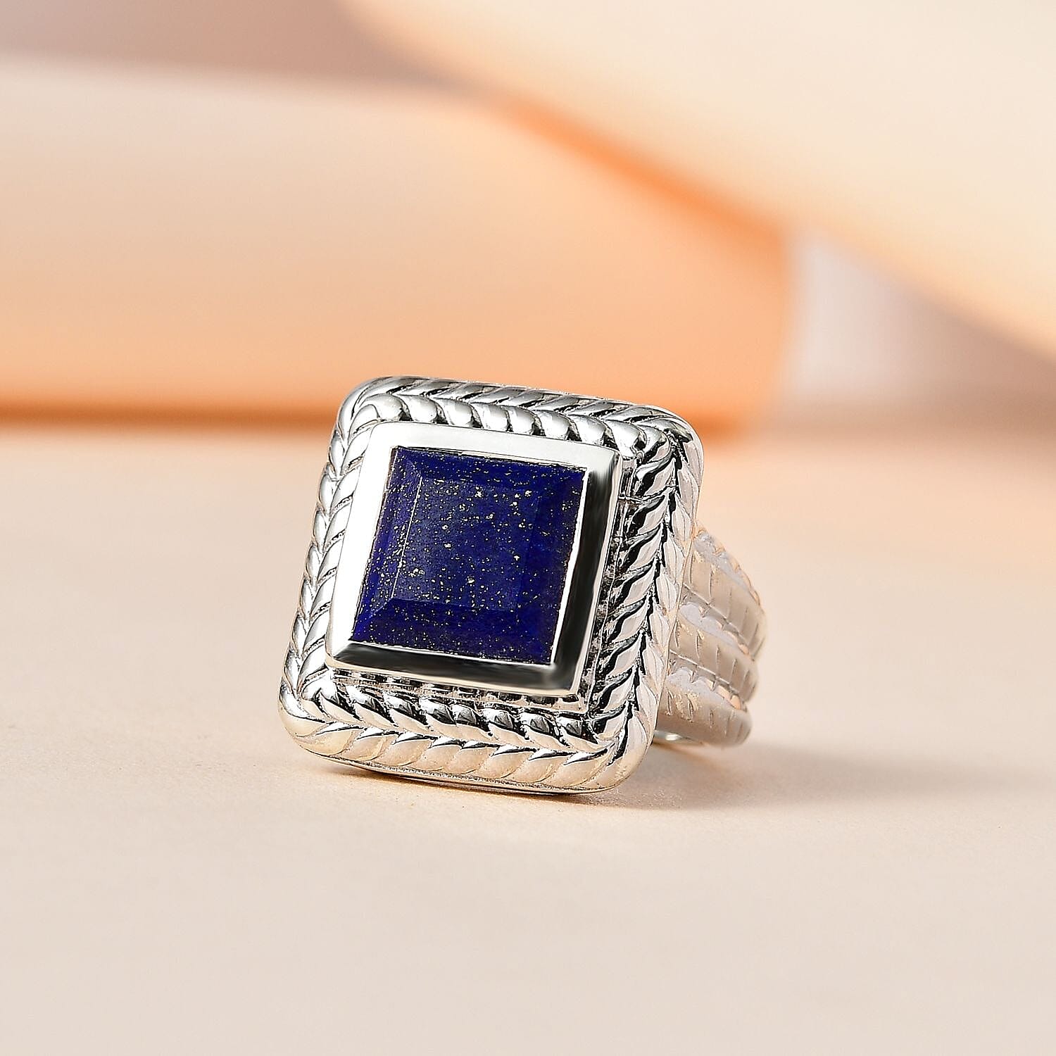 Lapis Lazuli Solitaire Halo Ring in Platinum Overlay Sterling Silver 5.04 Ct, Silver Wt. 9.0 Gms