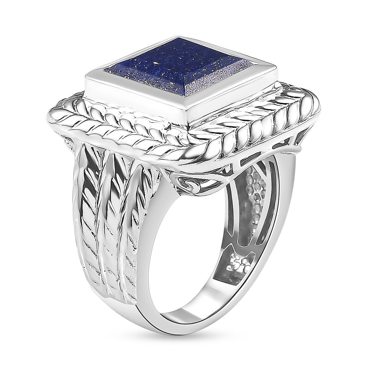 Lapis Lazuli Solitaire Halo Ring in Platinum Overlay Sterling Silver 5.04 Ct, Silver Wt. 9.0 Gms