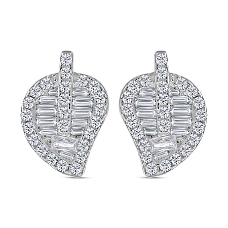 Lustro Stella - Cubic Zirconia Leaf Earrings in Rhodium Overlay Sterling Silver, Silver Wt 5.20 GM