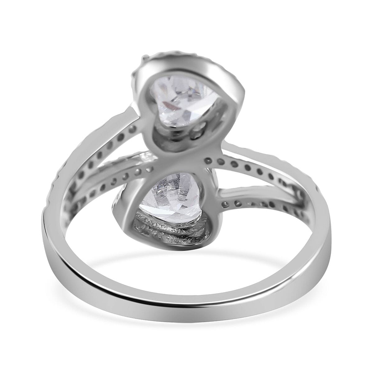 Cubic Zirconia 2 Heart Bypass Ring in Rhodium Overlay Sterling Silver Cubic Zirconia 2 Heart Bypass Ring in Rhodium Overlay Sterling Silver