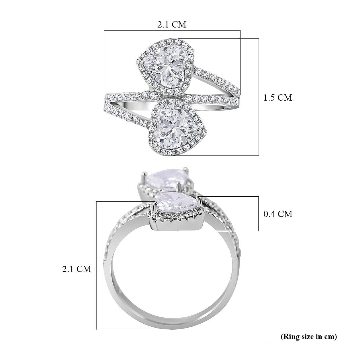 Cubic Zirconia 2 Heart Bypass Ring in Rhodium Overlay Sterling Silver Cubic Zirconia 2 Heart Bypass Ring in Rhodium Overlay Sterling Silver