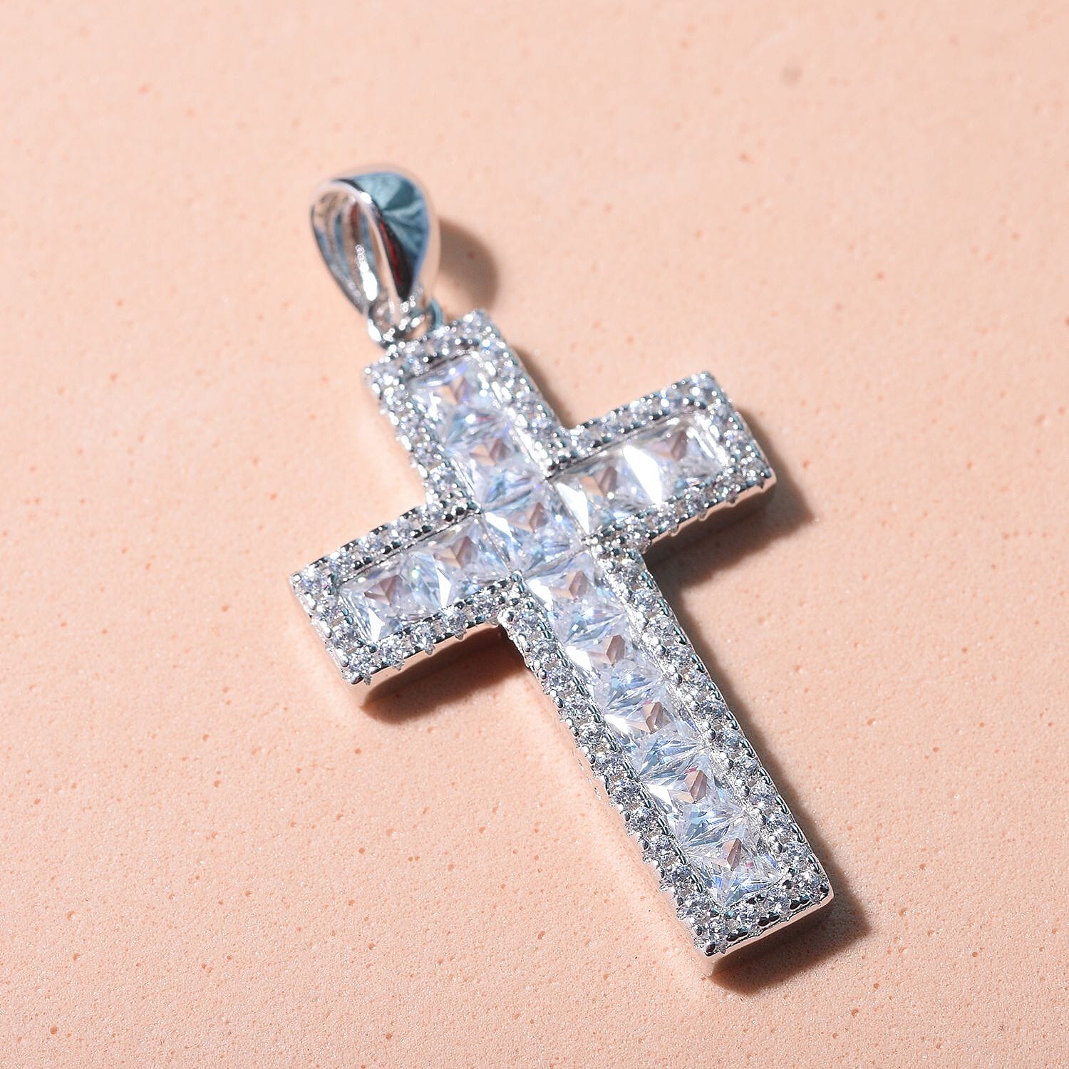 Cubic Zirconia Cross Pendant in Rhodium Overlay Sterling Silver