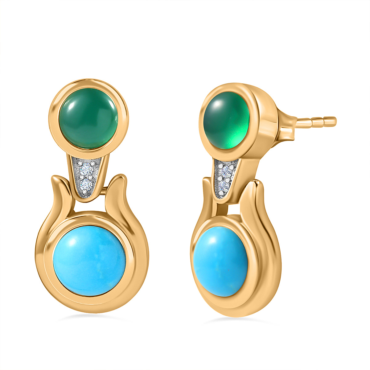 Arizona Sleeping Beauty Turquoise ,Green Onyx & Natural Zircon  Dangle Earrings in 18K Vermeil YG Plated Sterling Silver 2.82 Ct.