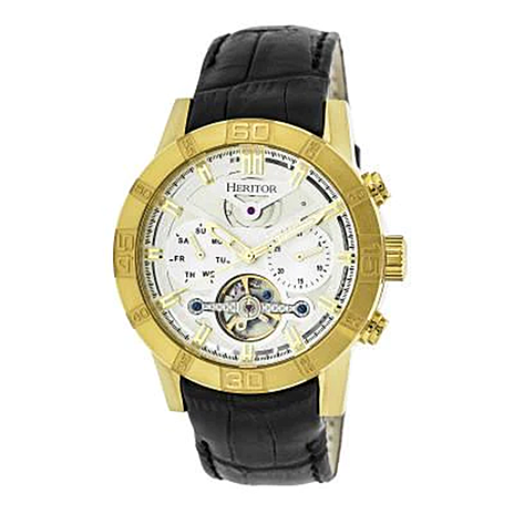 Heritor Automatic Movt. Hannibal Semi Skeleton Dial 5 ATM Water Resistant Watch with Black Genuine Leather Strap in Gold Tone