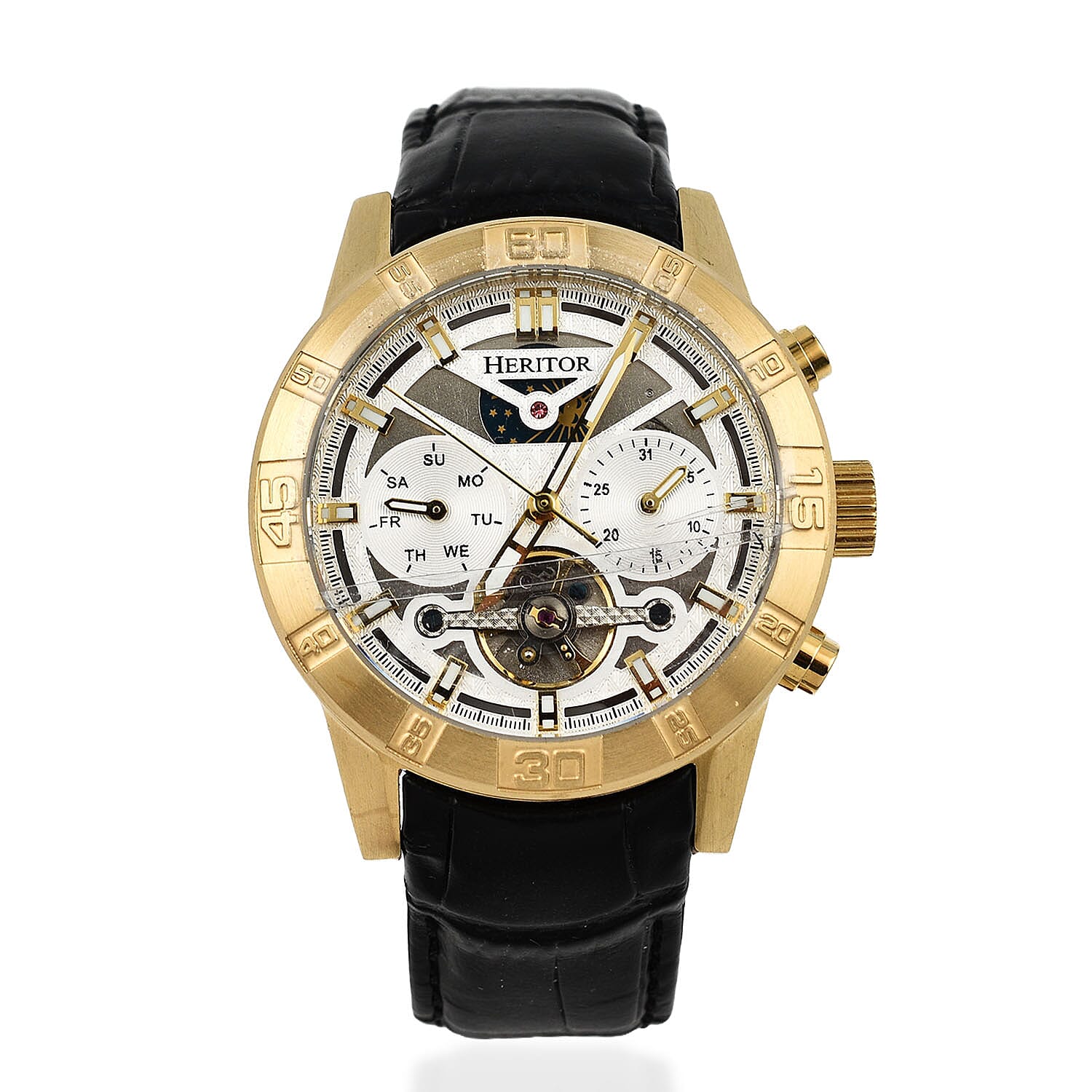 Heritor Automatic Movt. Hannibal Semi Skeleton Dial 5 ATM Water Resistant Watch with Black Genuine Leather Strap in Gold Tone