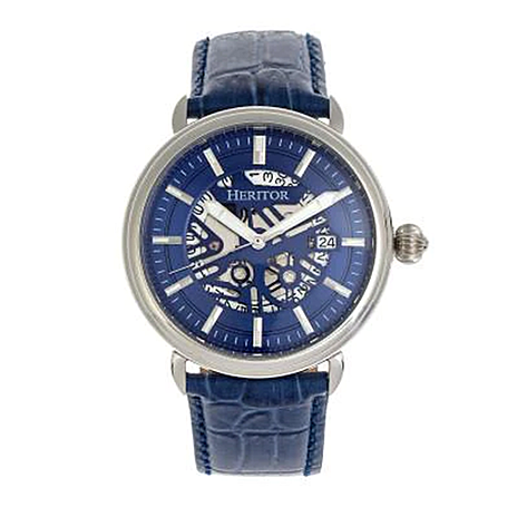 Heritor Seiko NH35 Movt. Mattias Semi Skeleton Dial 5 ATM Water Resistant Watch with Blue Genuine Leather Strap in Silver Tone