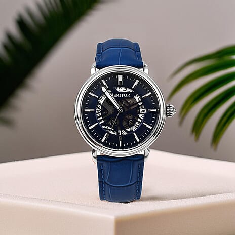 Heritor Seiko NH35 Movt. Mattias Semi Skeleton Dial 5 ATM Water Resistant Watch with Blue Genuine Leather Strap in Silver Tone