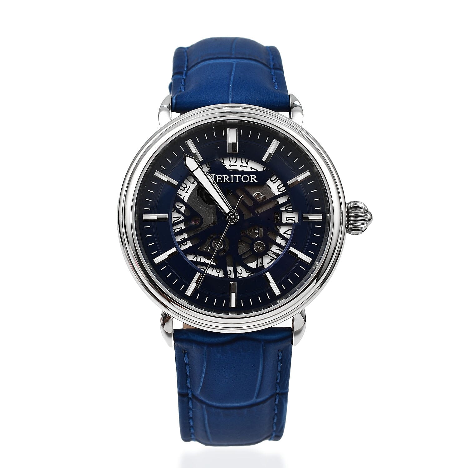 Heritor Seiko NH35 Movt. Mattias Semi Skeleton Dial 5 ATM Water Resistant Watch with Blue Genuine Leather Strap in Silver Tone