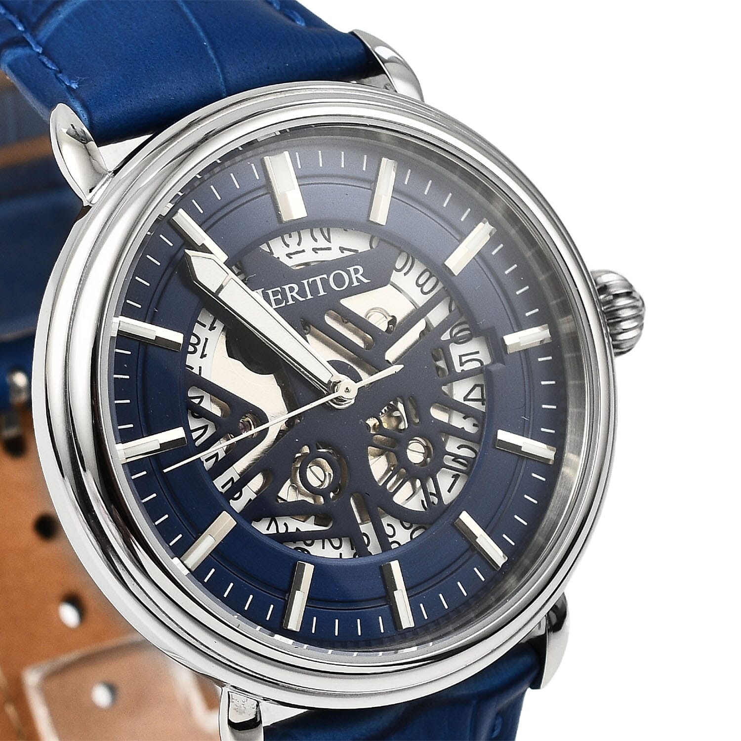 Heritor Seiko NH35 Movt. Mattias Semi Skeleton Dial 5 ATM Water Resistant Watch with Blue Genuine Leather Strap in Silver Tone