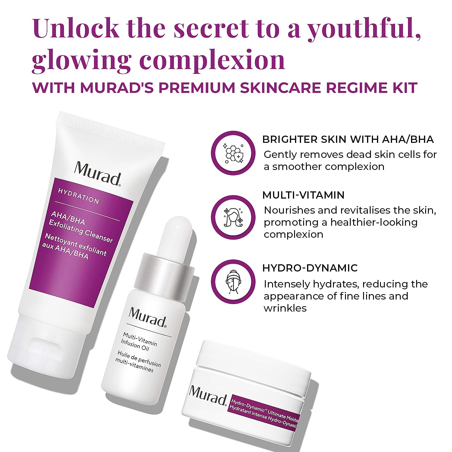 Set of 3 Murad Hydrate Trial Kit (Incl. 60ml Exfoliating Cleanser, 15ml, Moisture - 10ml Multi Vitamin Oil)