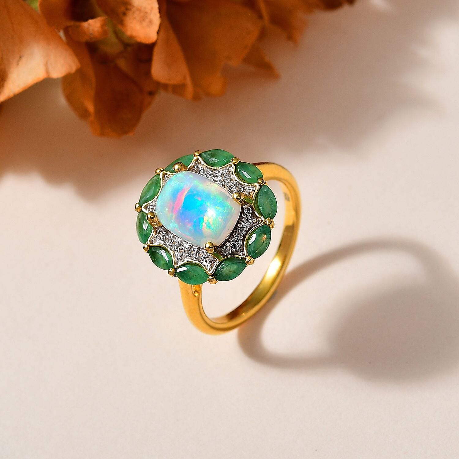 Ethiopian Welo Opal and Emerald Ring in 18K Vermeil YG Sterling Silver 2.36 Ct.