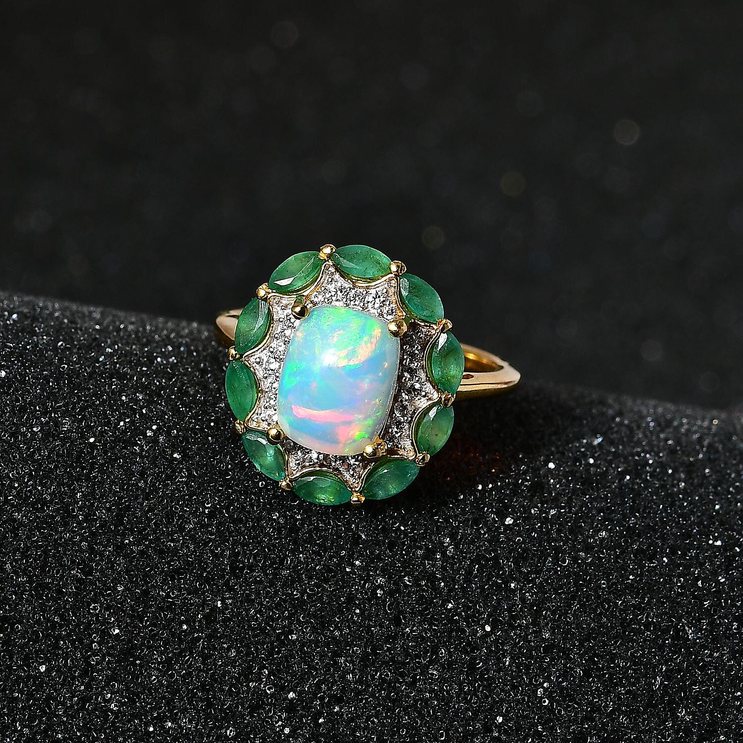 Ethiopian Welo Opal and Emerald Ring in 18K Vermeil YG Sterling Silver 2.36 Ct.