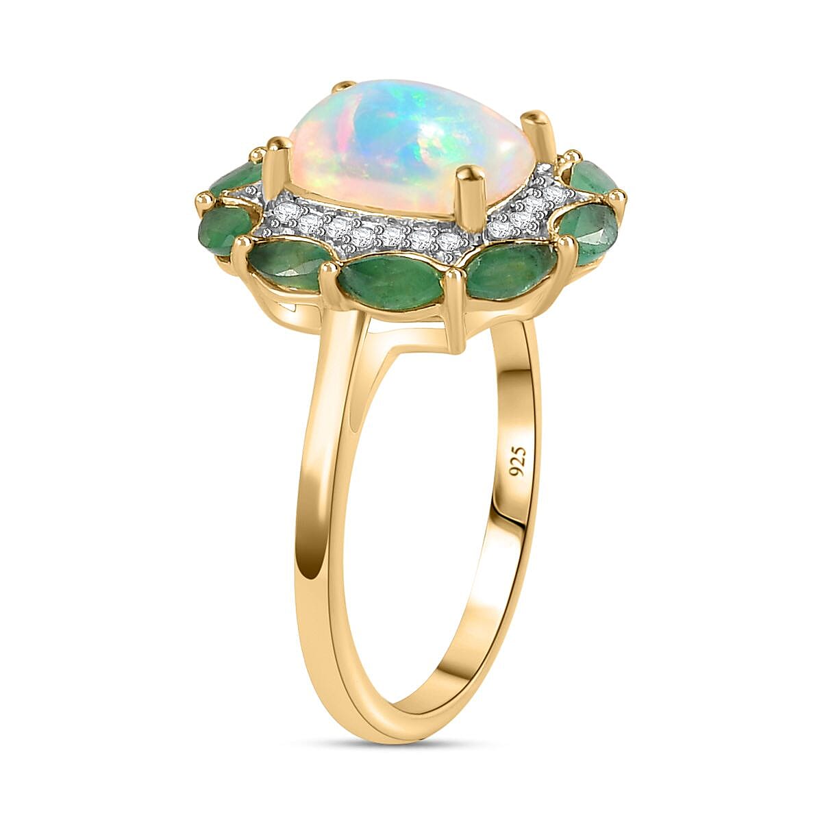Ethiopian Welo Opal and Emerald Ring in 18K Vermeil YG Sterling Silver 2.36 Ct.