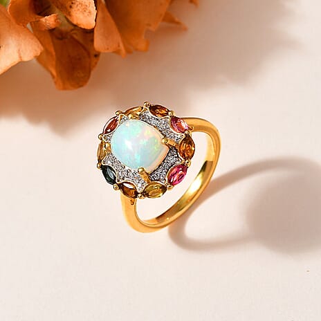 Ethiopian Welo Opal and Multi-Tourmaline Ring in 18K Vermeil YG Sterling Silver 2.30 Ct.