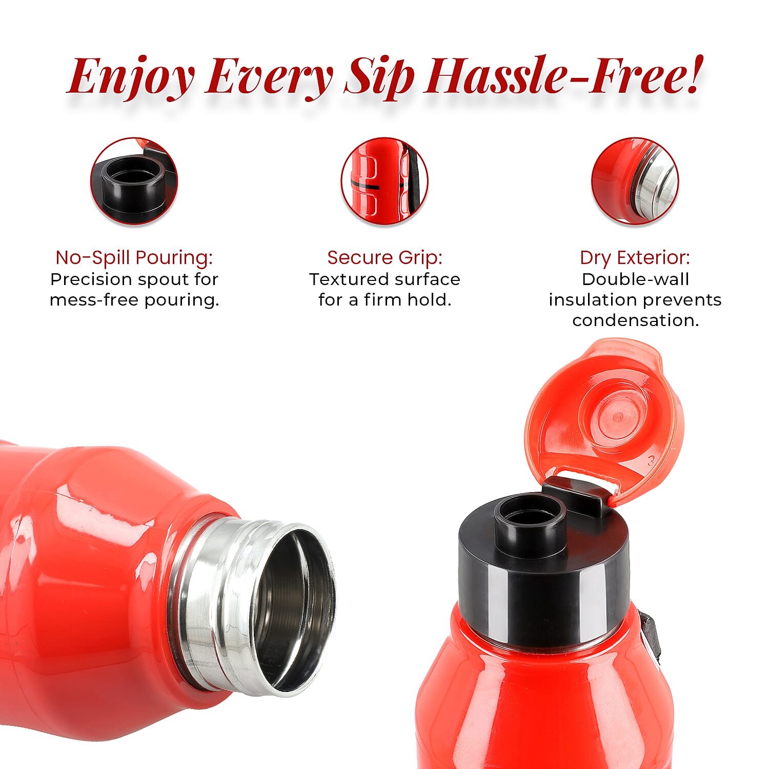 Set of 2 Wave Warm - Cold Insulated Stainless Steel Bottle Leak Proof - Red 700 ML