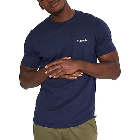 BENCH 100% Cotton Mens Crew Neck T-Shirt with Self Fabric Pocket & Reflective Print (Size L) - Navy