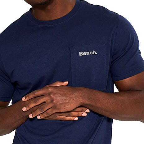 BENCH 100% Cotton Mens Crew Neck T-Shirt with Self Fabric Pocket & Reflective Print (Size M) - Navy