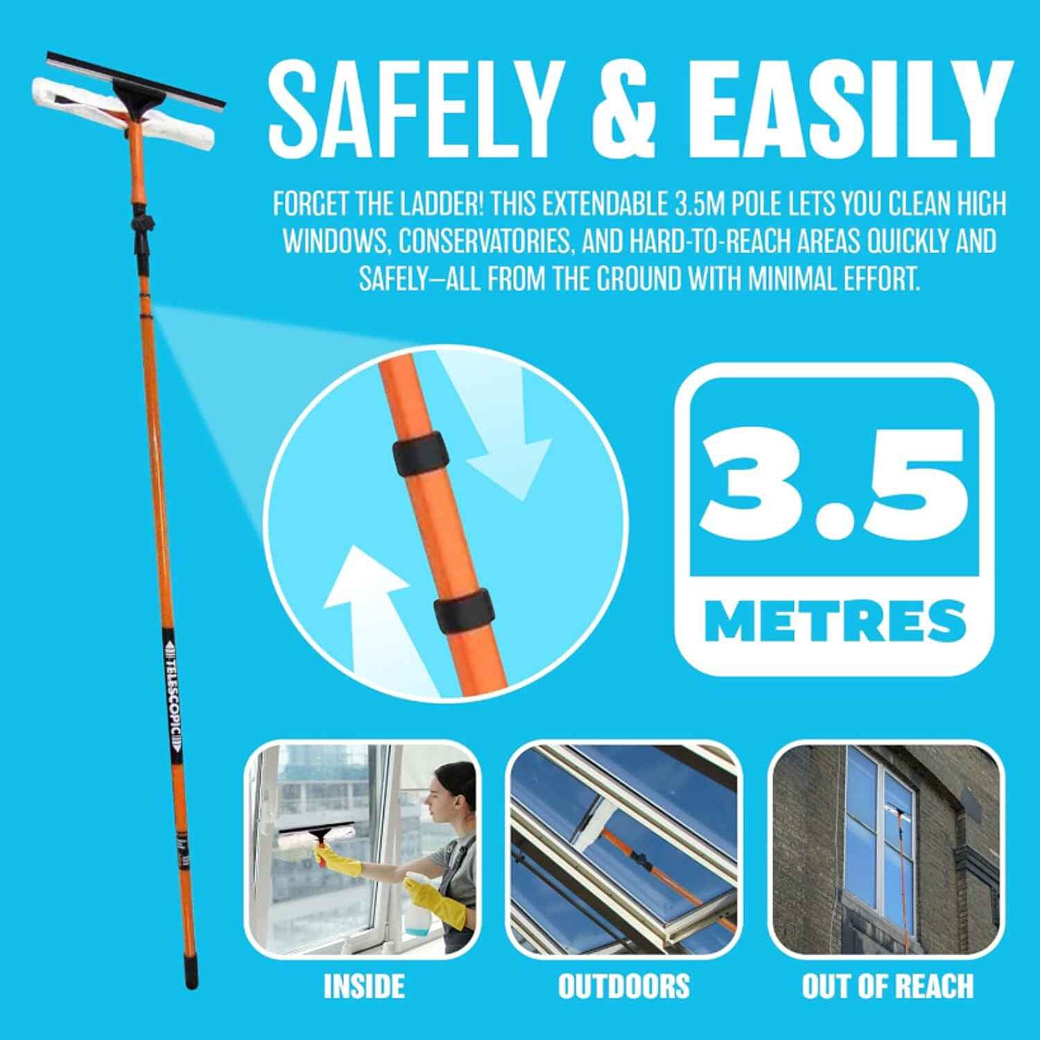 3.5m Telescopic Window Cleaner Squeegee &ndash; Extendable & Removable Head for Streak-Free Shine
