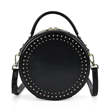 Genuine Leather Stylish Studded Circle Purse With Top Handle & Adjustable Strap - Black