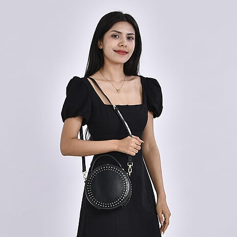 Genuine Leather Stylish Studded Circle Purse With Top Handle & Adjustable Strap - Black