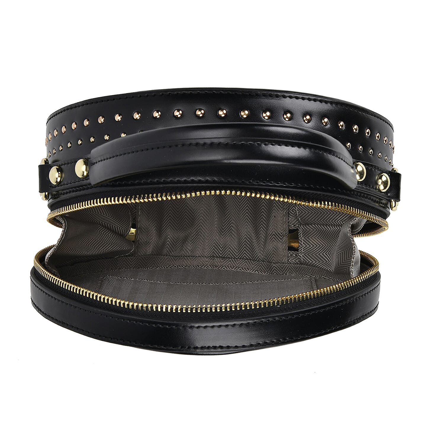 Genuine Leather Stylish Studded Circle Purse With Top Handle & Adjustable Strap - Black