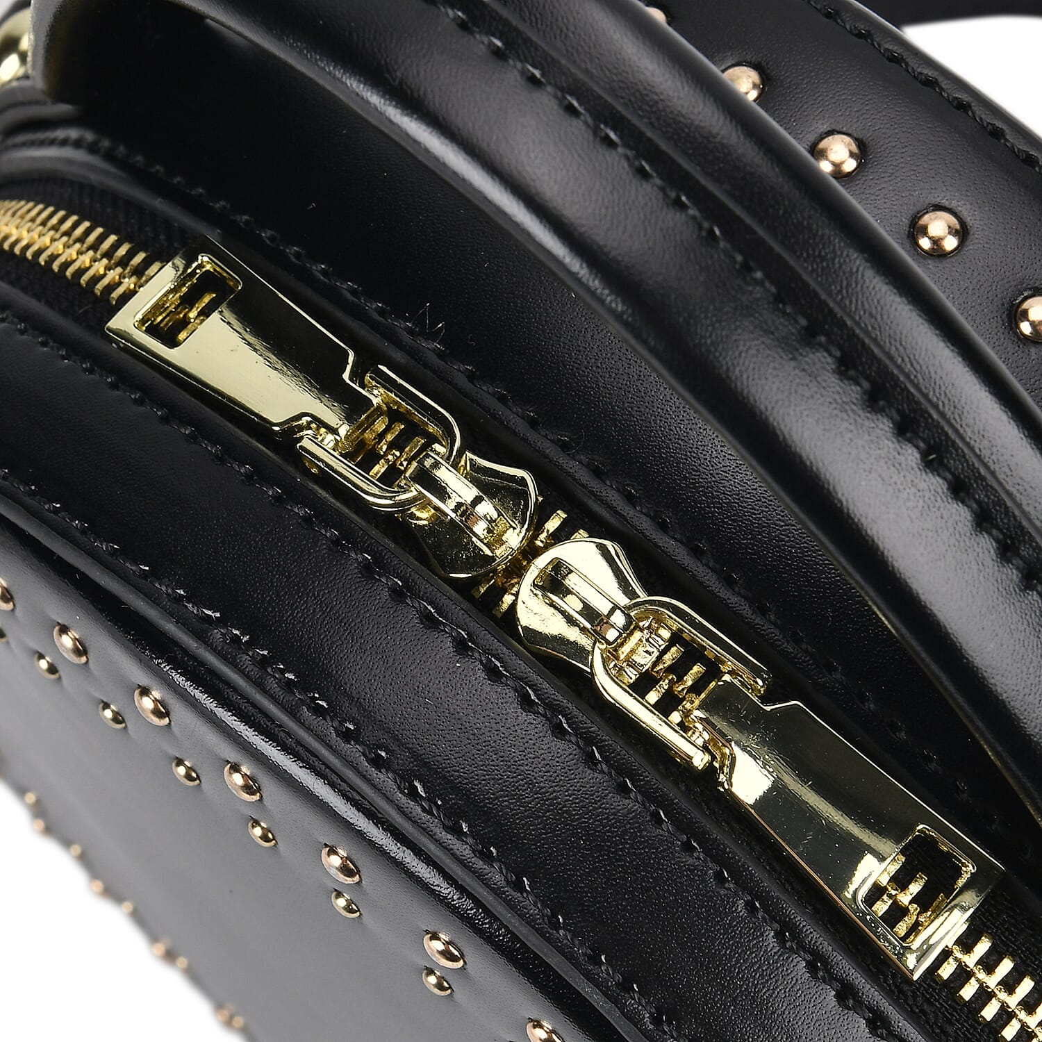 Genuine Leather Stylish Studded Circle Purse With Top Handle & Adjustable Strap - Black