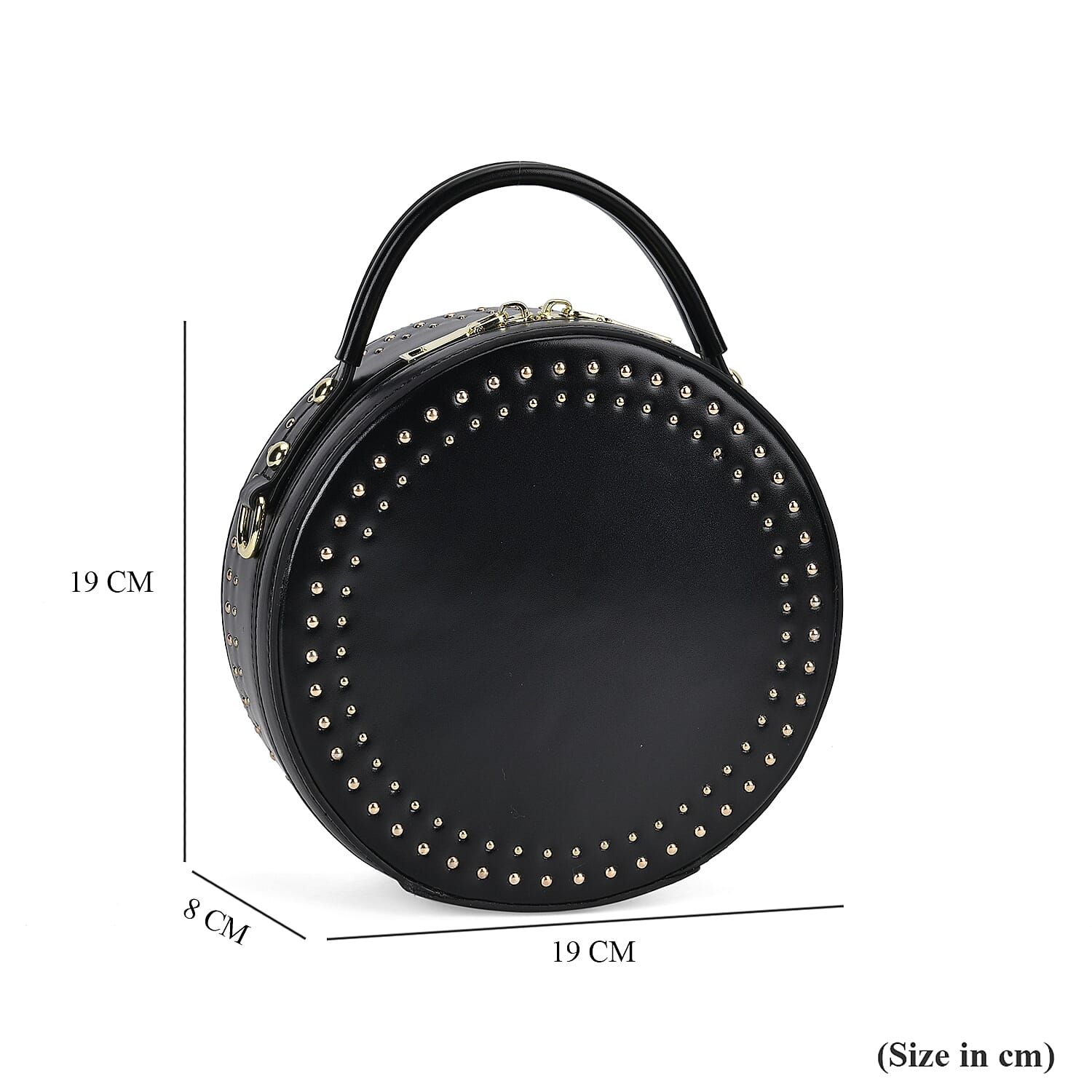 Genuine Leather Stylish Studded Circle Purse With Top Handle & Adjustable Strap - Black