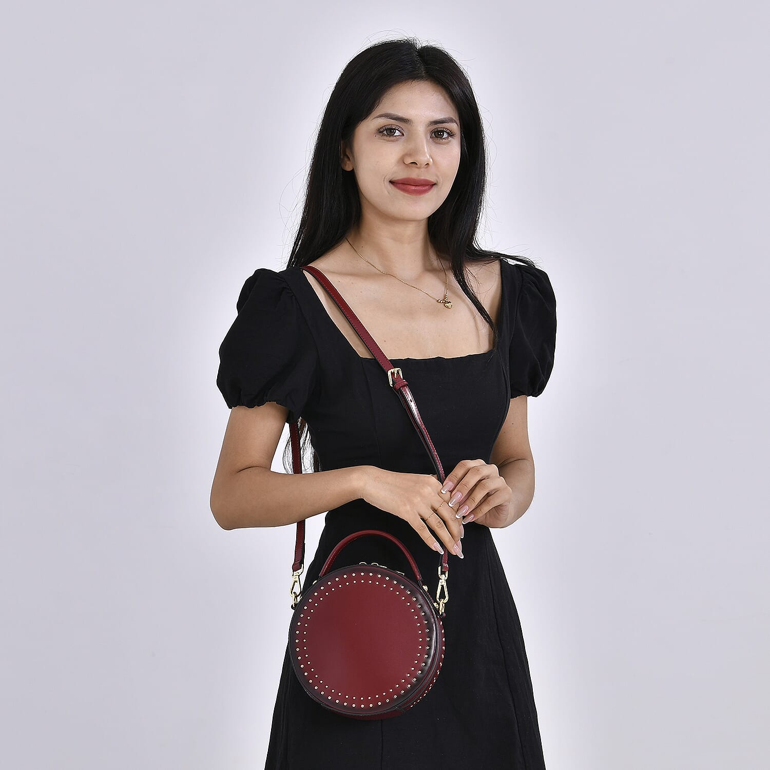 Genuine Leather Stylish Studded Circle Purse With Top Handle & Adjustable Strap - Wint