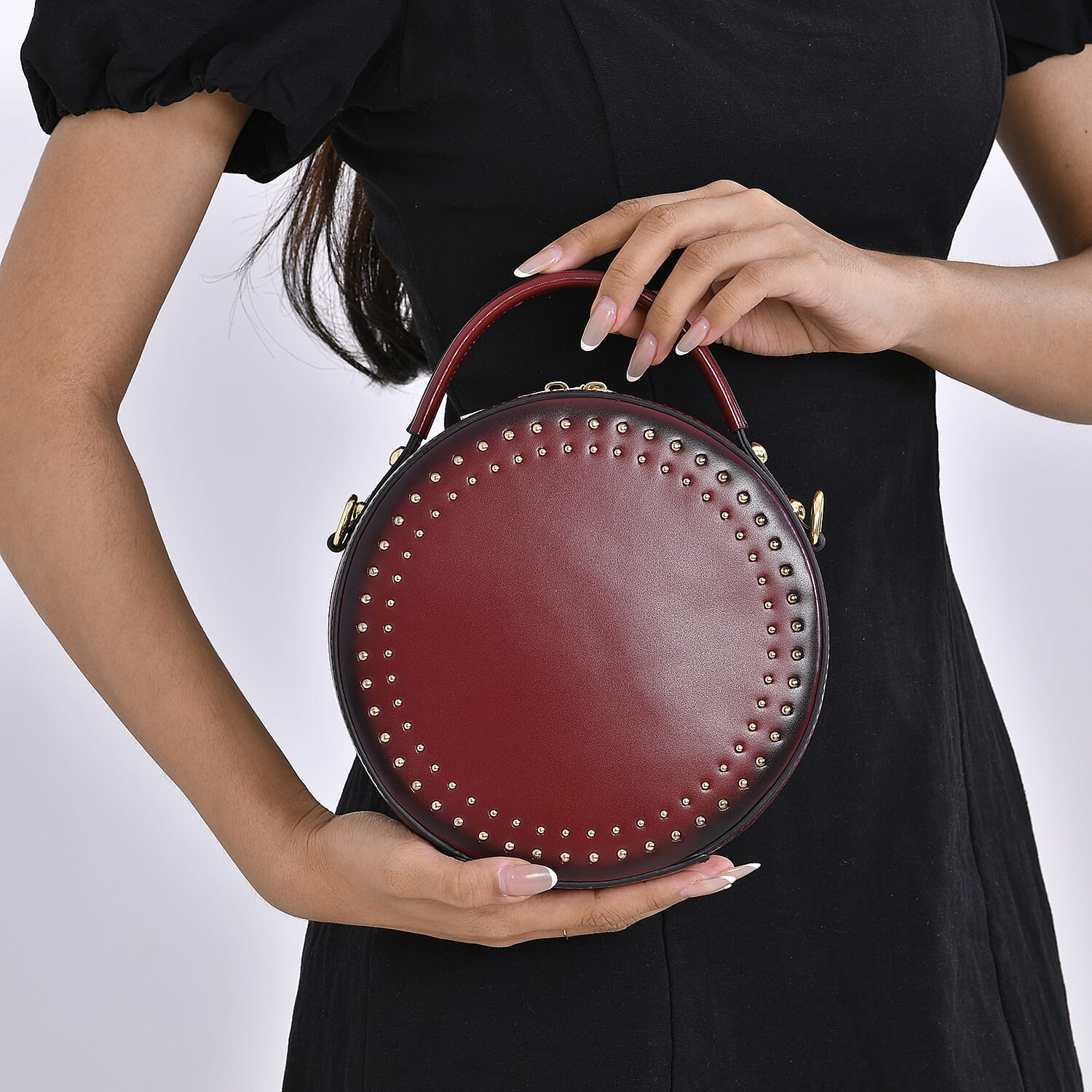 Genuine Leather Stylish Studded Circle Purse With Top Handle & Adjustable Strap - Wint