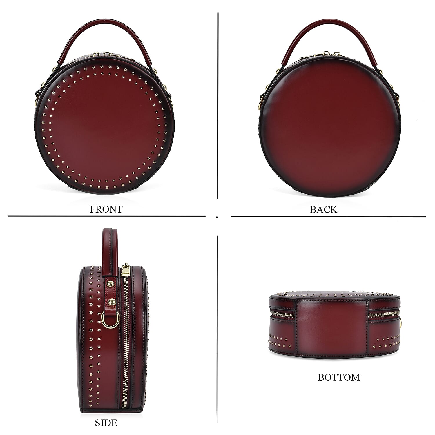 Genuine Leather Stylish Studded Circle Purse With Top Handle & Adjustable Strap - Wint