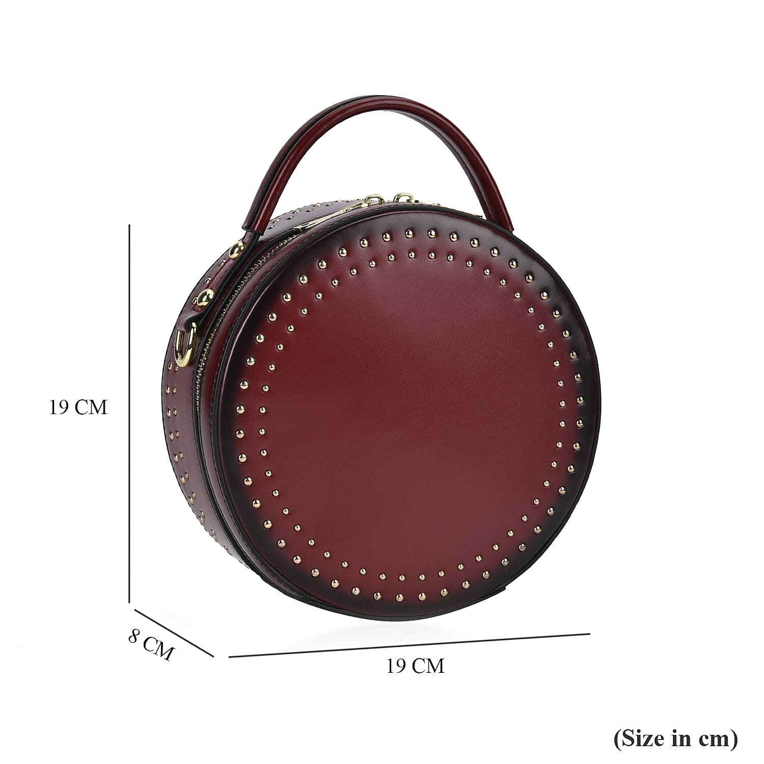 Genuine Leather Stylish Studded Circle Purse With Top Handle & Adjustable Strap - Wint