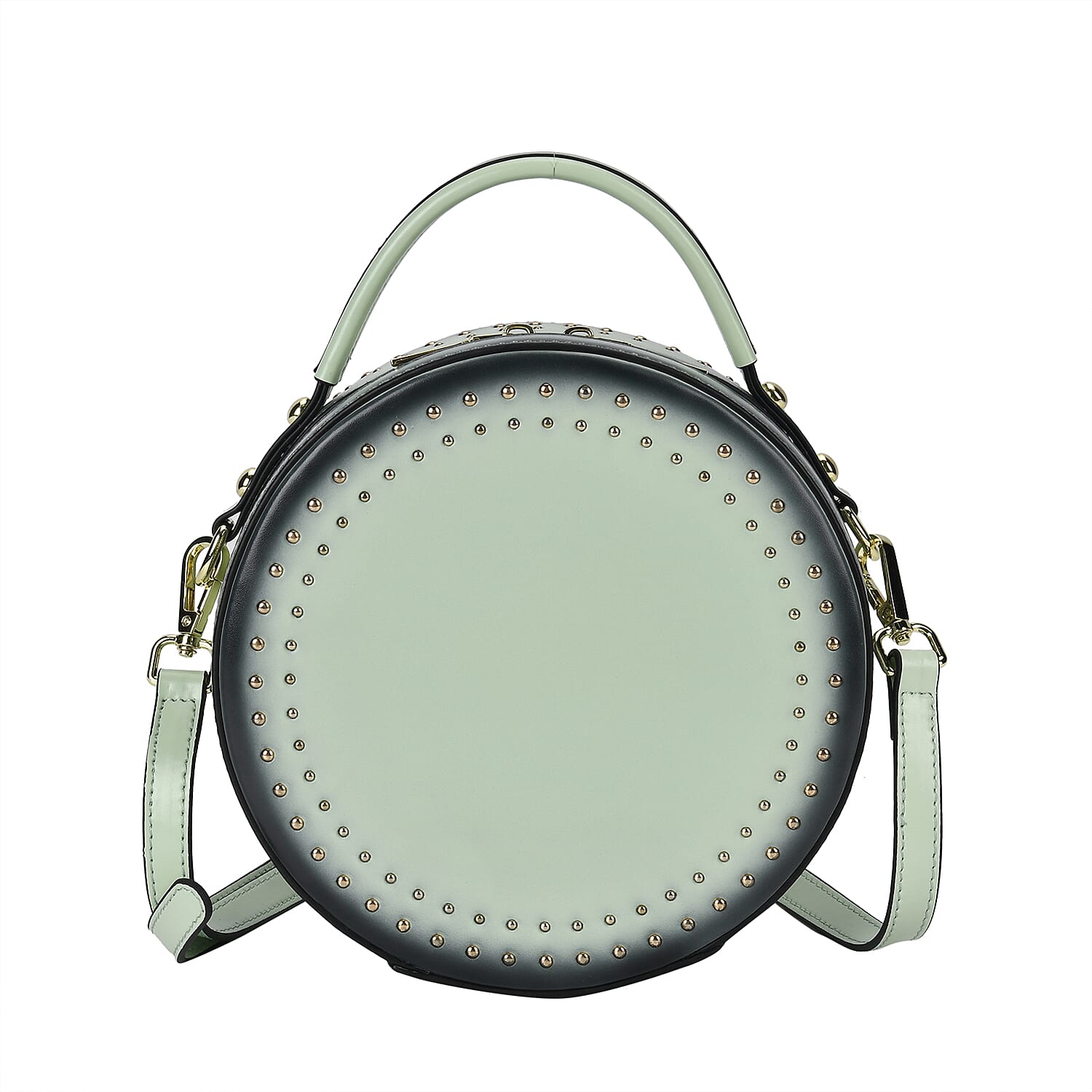 Genuine Leather Stylish Studded Circle Purse With Top Handle & Adjustable Strap - Mint Green